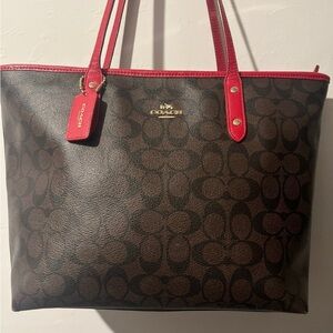 Coach Brown and Red Signature Tote Bag